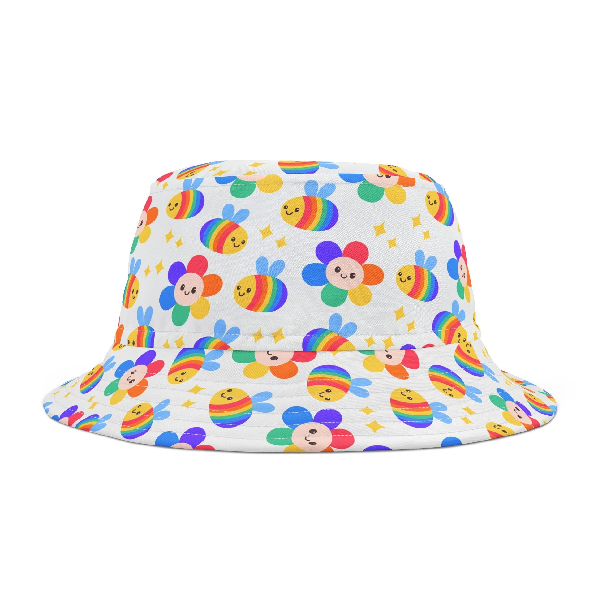 The Rainbow Bees and Flowers Bucket Hat - Subtle Pride Wear by Printify is a vibrant polyester accessory featuring a pattern of smiling bee-like characters in rainbow colors and flowers on a white background. Scattered golden star accents enhance the design. Available in two sizes, this hat boasts a wide brim and cylindrical crown.