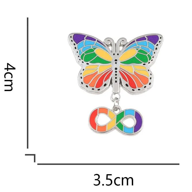 Rainbow butterfly badge with infinity symbol charm recognising neurodiversity ASD ADHD Autism pride