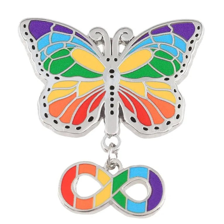 Rainbow butterfly badge with infinity symbol charm recognising neurodiversity ASD ADHD Autism pride