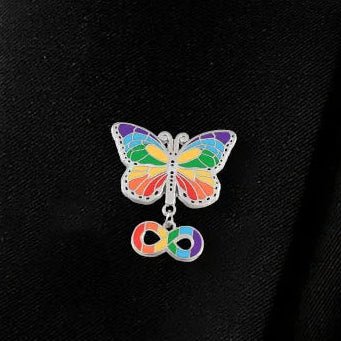 Rainbow butterfly badge with infinity symbol charm recognising neurodiversity ASD ADHD Autism pride