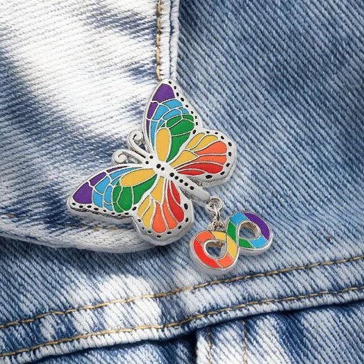 Rainbow butterfly badge with infinity symbol charm recognising neurodiversity ASD ADHD Autism pride