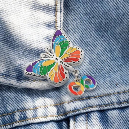 Rainbow butterfly badge with infinity symbol charm recognising neurodiversity ASD ADHD Autism pride