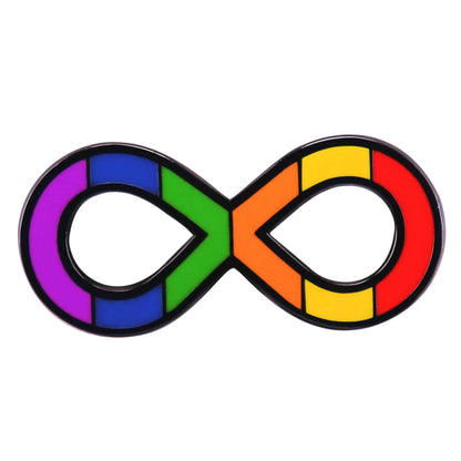 The Rainbow Infinity Symbol - neurodiversity pride enamel pin features a rainbow-colored infinity symbol with segments in purple, blue, green, yellow, orange, and red, outlined in black.