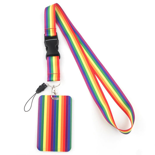 Rainbow flag ID pass holder lanyard for LGBTQ ally. Safety rainbow pride flag neck strap