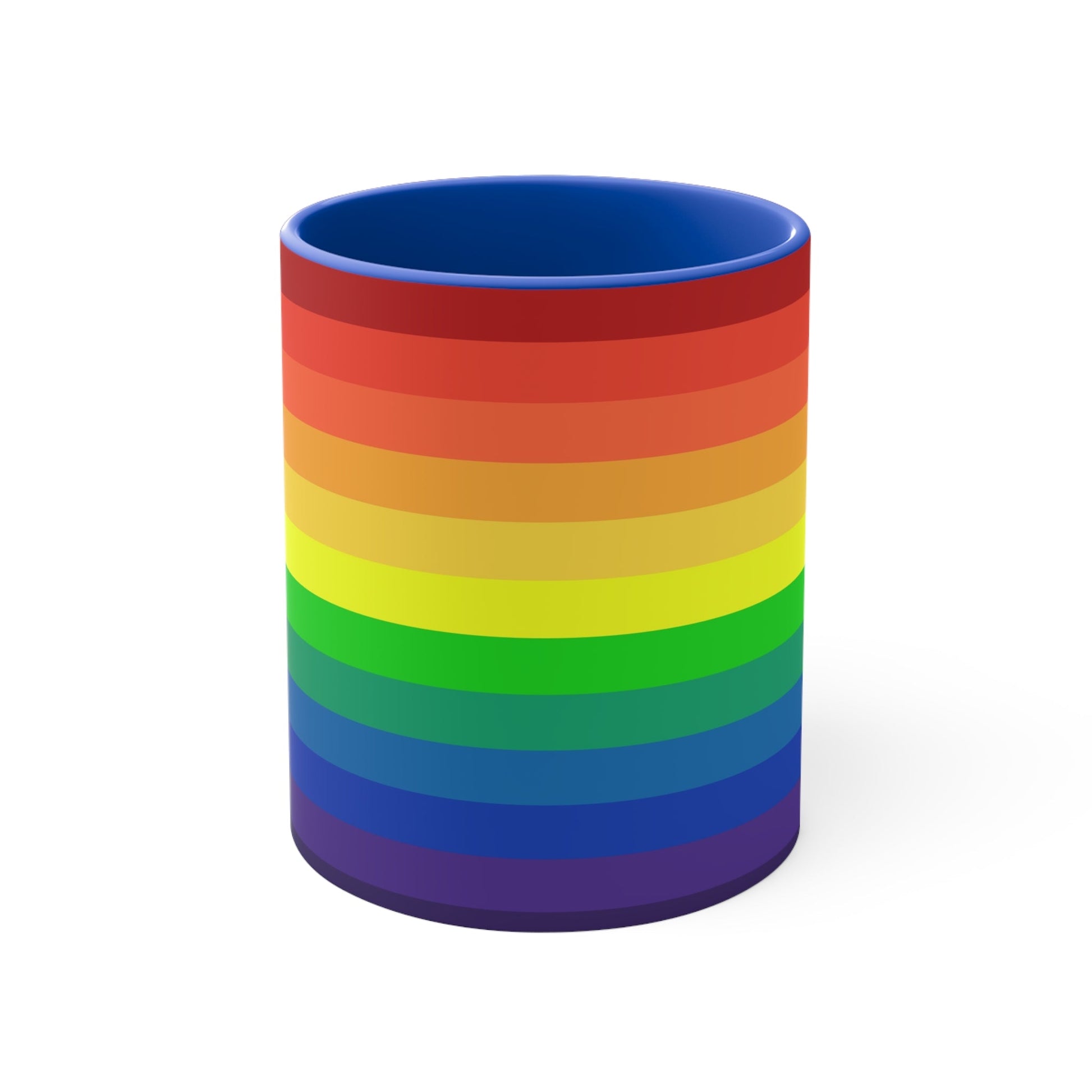 A Rainbow Pride Flag Gradient Colorful Accent Mug by Printify features a white coffee mug with a red handle, showcasing a vertical rainbow gradient design. The colors transition smoothly from red at the top to purple at the bottom, symbolizing LGBTQ+ pride. This eye-catching color contrast is enhanced by the solid red interior and completed with a plain white background.