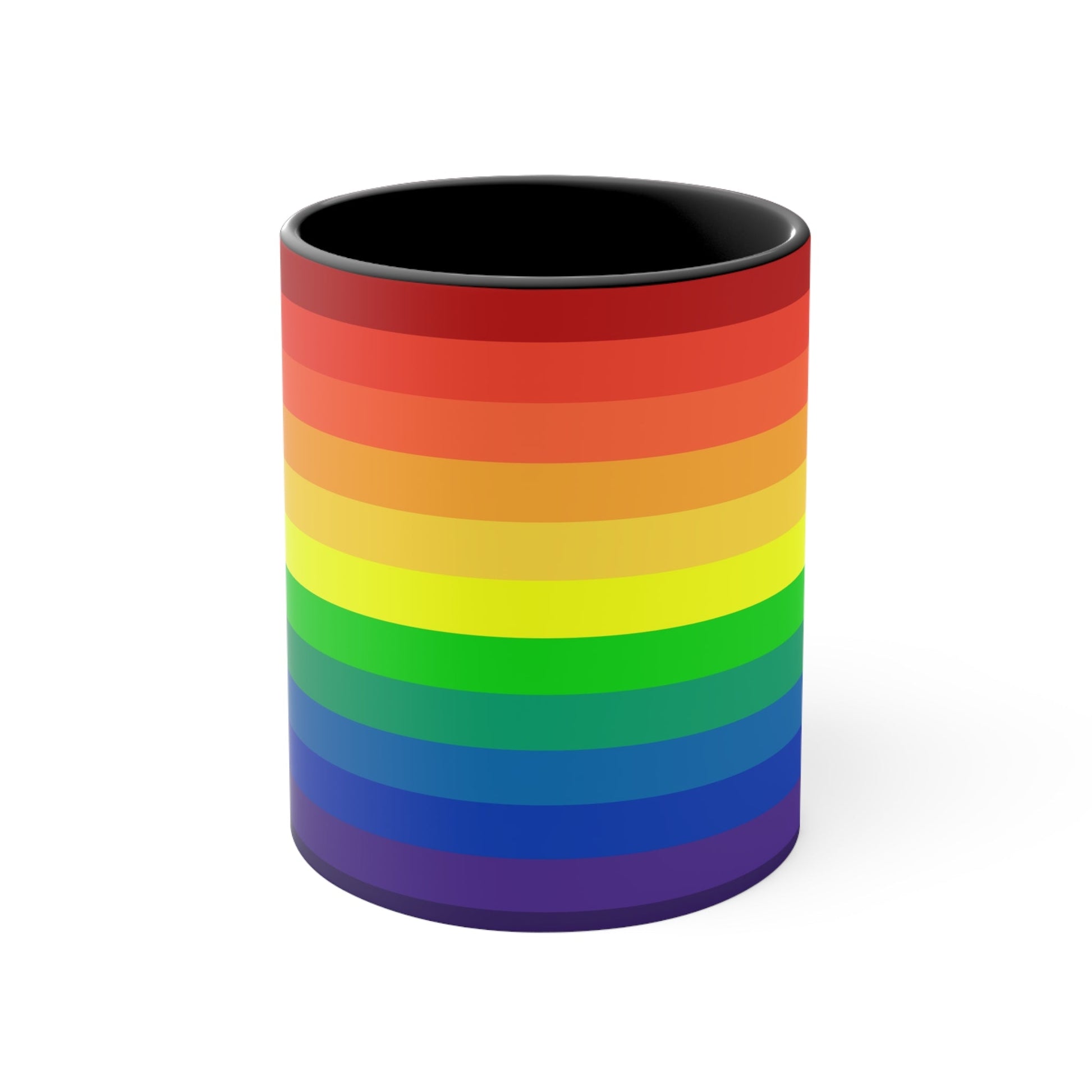 A Rainbow Pride Flag Gradient Colorful Accent Mug by Printify features a white coffee mug with a red handle, showcasing a vertical rainbow gradient design. The colors transition smoothly from red at the top to purple at the bottom, symbolizing LGBTQ+ pride. This eye-catching color contrast is enhanced by the solid red interior and completed with a plain white background.