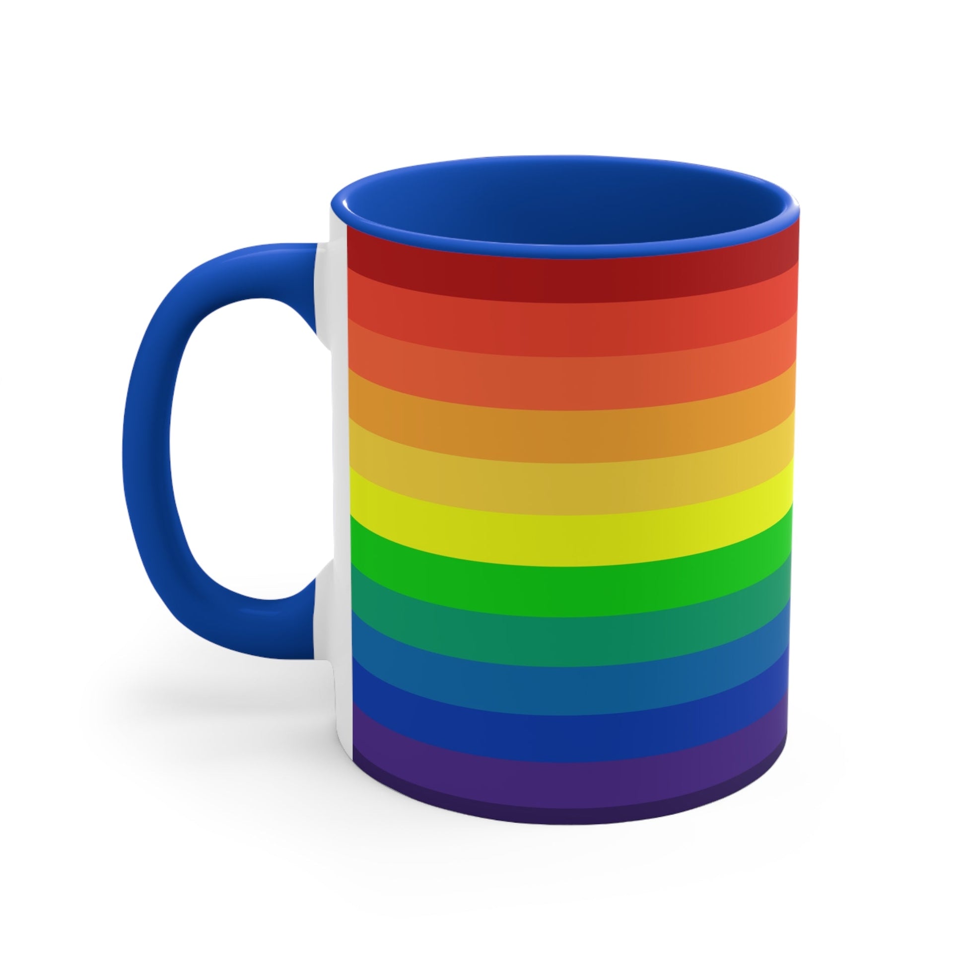 A Rainbow Pride Flag Gradient Colorful Accent Mug by Printify features a white coffee mug with a red handle, showcasing a vertical rainbow gradient design. The colors transition smoothly from red at the top to purple at the bottom, symbolizing LGBTQ+ pride. This eye-catching color contrast is enhanced by the solid red interior and completed with a plain white background.