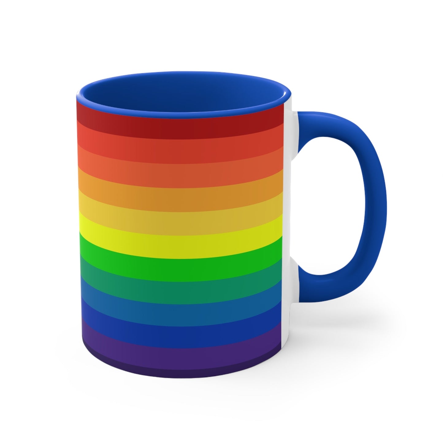 A Rainbow Pride Flag Gradient Colorful Accent Mug by Printify features a white coffee mug with a red handle, showcasing a vertical rainbow gradient design. The colors transition smoothly from red at the top to purple at the bottom, symbolizing LGBTQ+ pride. This eye-catching color contrast is enhanced by the solid red interior and completed with a plain white background.