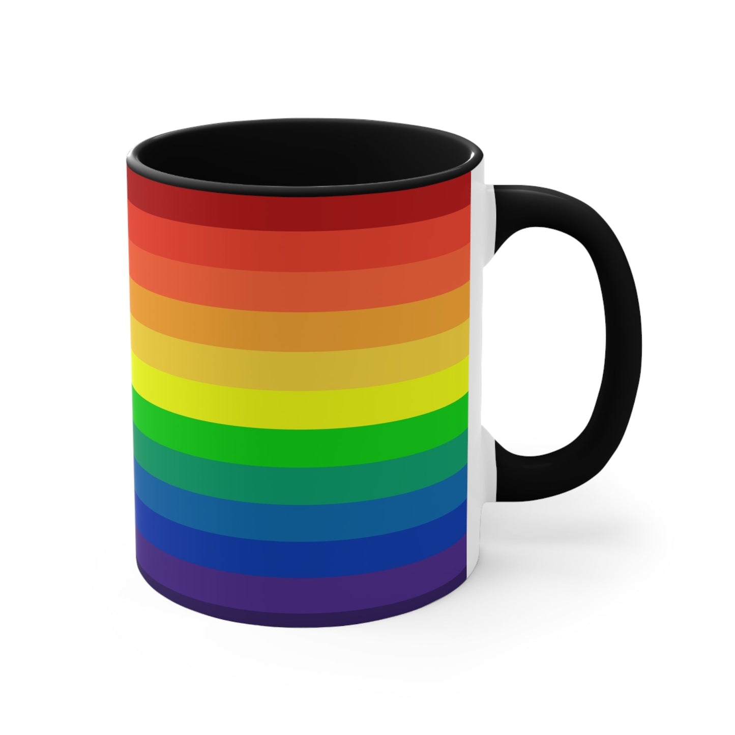 A Rainbow Pride Flag Gradient Colorful Accent Mug by Printify features a white coffee mug with a red handle, showcasing a vertical rainbow gradient design. The colors transition smoothly from red at the top to purple at the bottom, symbolizing LGBTQ+ pride. This eye-catching color contrast is enhanced by the solid red interior and completed with a plain white background.