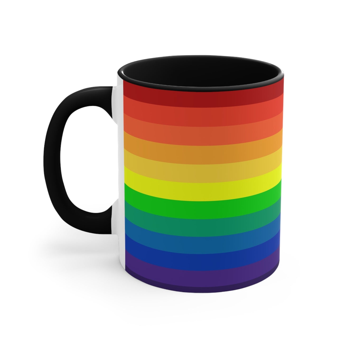 A Rainbow Pride Flag Gradient Colorful Accent Mug by Printify features a white coffee mug with a red handle, showcasing a vertical rainbow gradient design. The colors transition smoothly from red at the top to purple at the bottom, symbolizing LGBTQ+ pride. This eye-catching color contrast is enhanced by the solid red interior and completed with a plain white background.