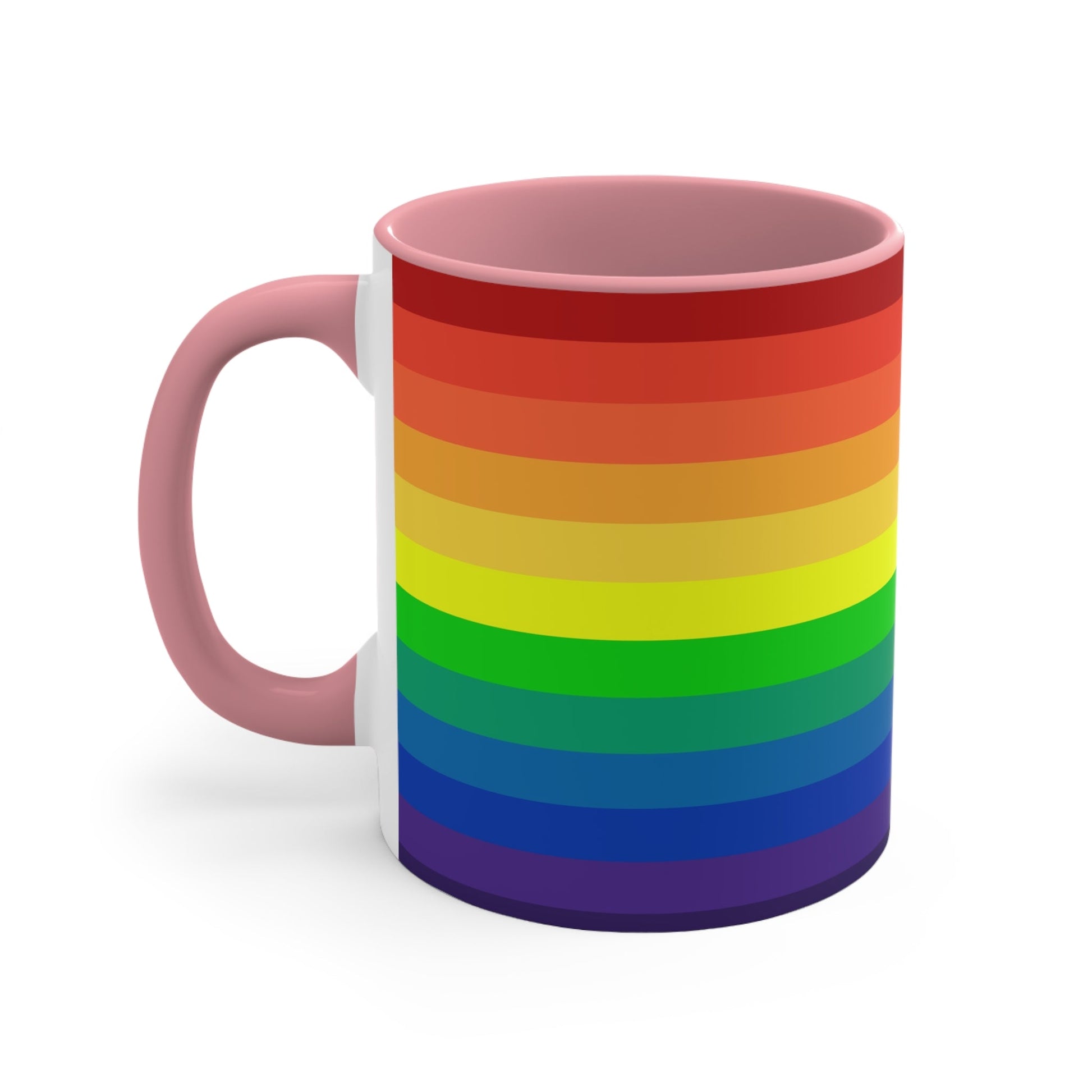 A Rainbow Pride Flag Gradient Colorful Accent Mug by Printify features a white coffee mug with a red handle, showcasing a vertical rainbow gradient design. The colors transition smoothly from red at the top to purple at the bottom, symbolizing LGBTQ+ pride. This eye-catching color contrast is enhanced by the solid red interior and completed with a plain white background.