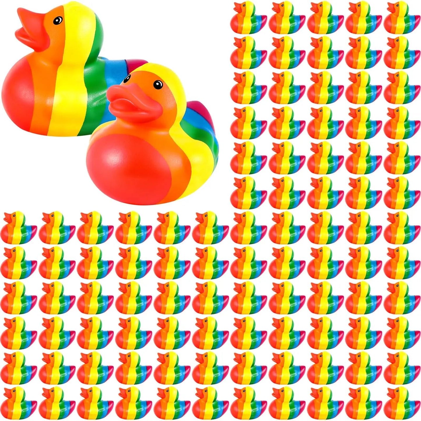 Rainbow pride rubber ducks with a mix of single and multiple ducks displayed.