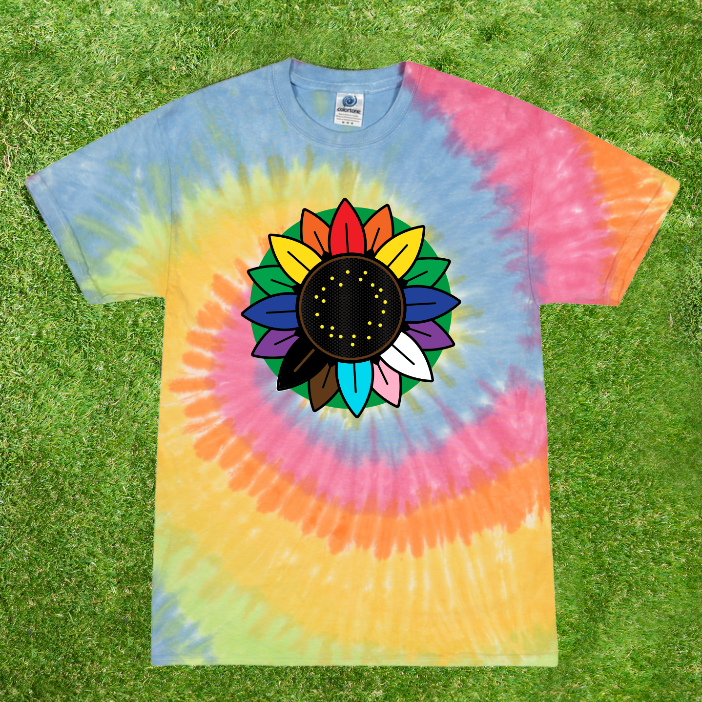 Colortone Rainbow Pastel Colourful tie-dye t-shirt with Invisible Disability Rainbow sunflower print