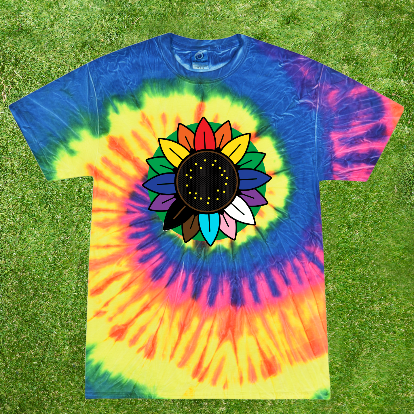 Colortone Rainbow Neon Colorful tie-dye t-shirt with Invisible Disability Rainbow sunflower print