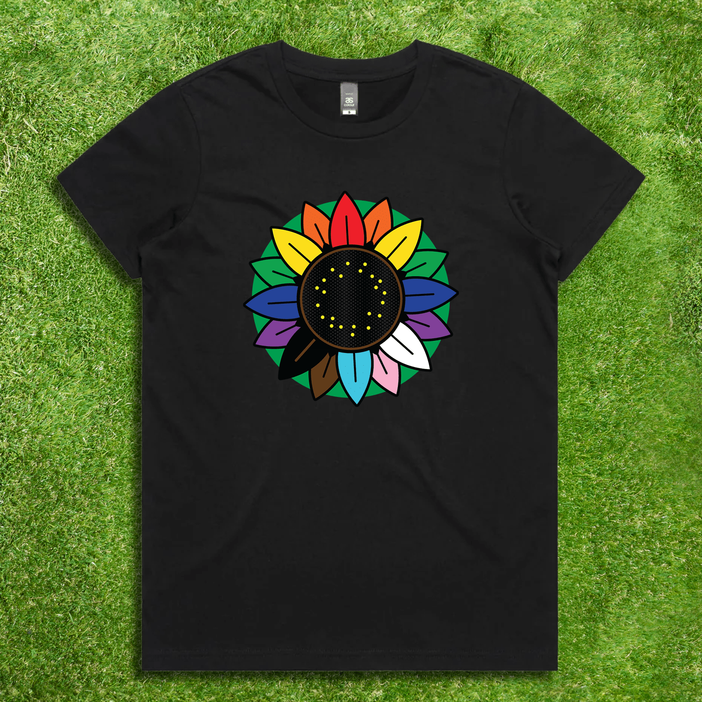 Rainbow Sunflower - Fluro or Tie Dye Local hand printed t-shirt