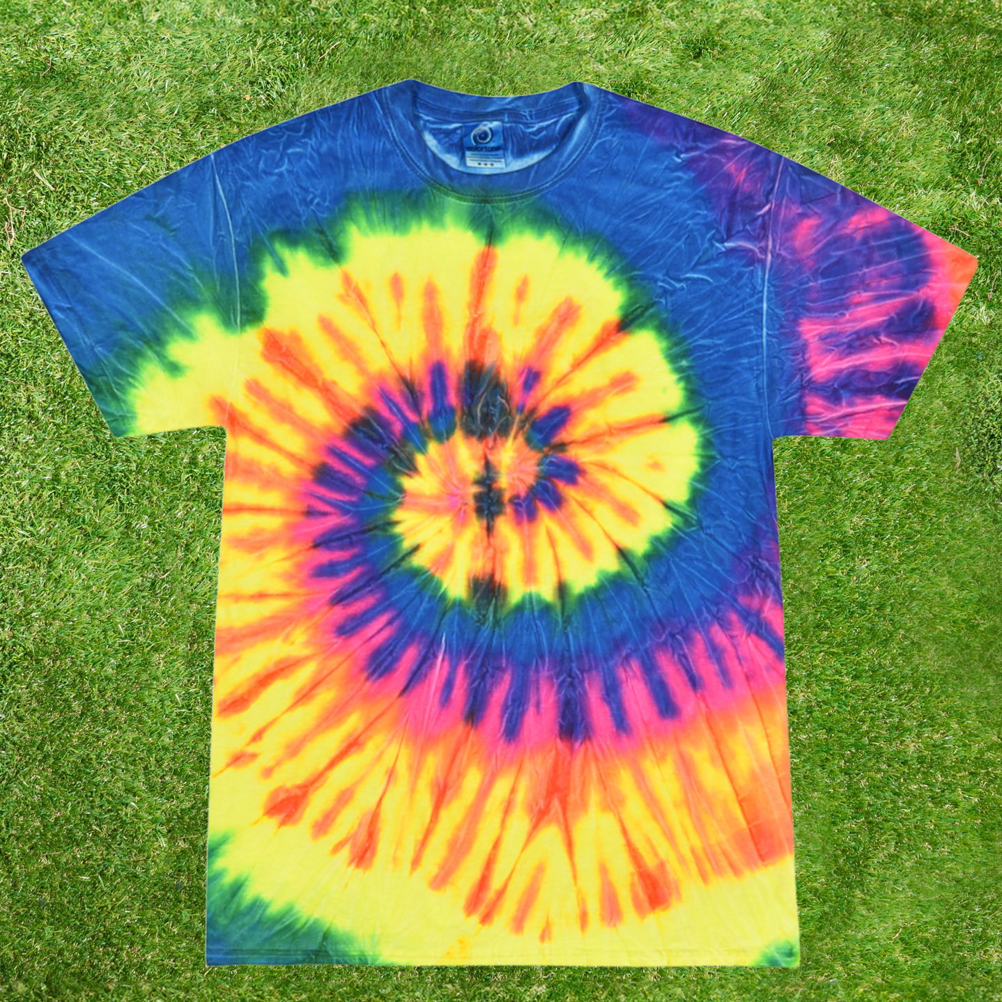 Colortone 1000 Neon Rainbow Pride LGBT Tie-dye t-shirt with a spiral pattern
