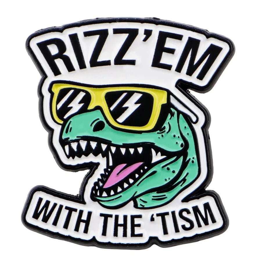 Autism badge with a dinosaur wearing sunglasses and text 'Rizz'em with the tism' on a white background