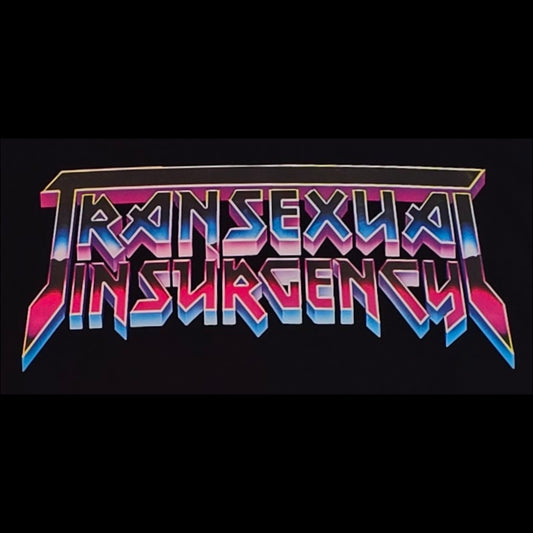 The product features the words "TRANSEXUAL INSURGENCY" in bold, angular, metallic-style letters with a pink, blue, and purple gradient on a black background. This design is locally hand-printed on a t-shirt named "Transgender Insurgency and Transexual Insurgency.