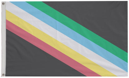 The Disability Pride Flag  is 150cm x 90cm and has a black background with five diagonal stripes (green, white, blue, yellow, and red) running from the top left to the bottom right.