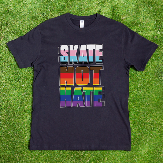 AS Colour Block Black t-shirt with 'SKATE NOT HATE' in inclusive rainbow pride flag colors 