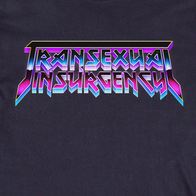 The image displays "Transexual Insurgency" in bold, angular, purple and blue gradient metallic letters on a dark backdrop, as featured on the locally hand printed Transexual Insurgency t-shirt.