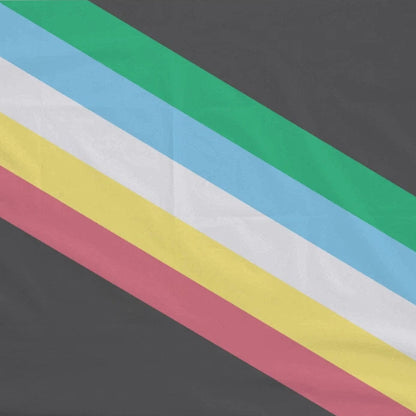 The Disability Pride Flag - Large has a black background with five diagonal stripes (green, white, blue, yellow, and red) running from the top left to the bottom right.