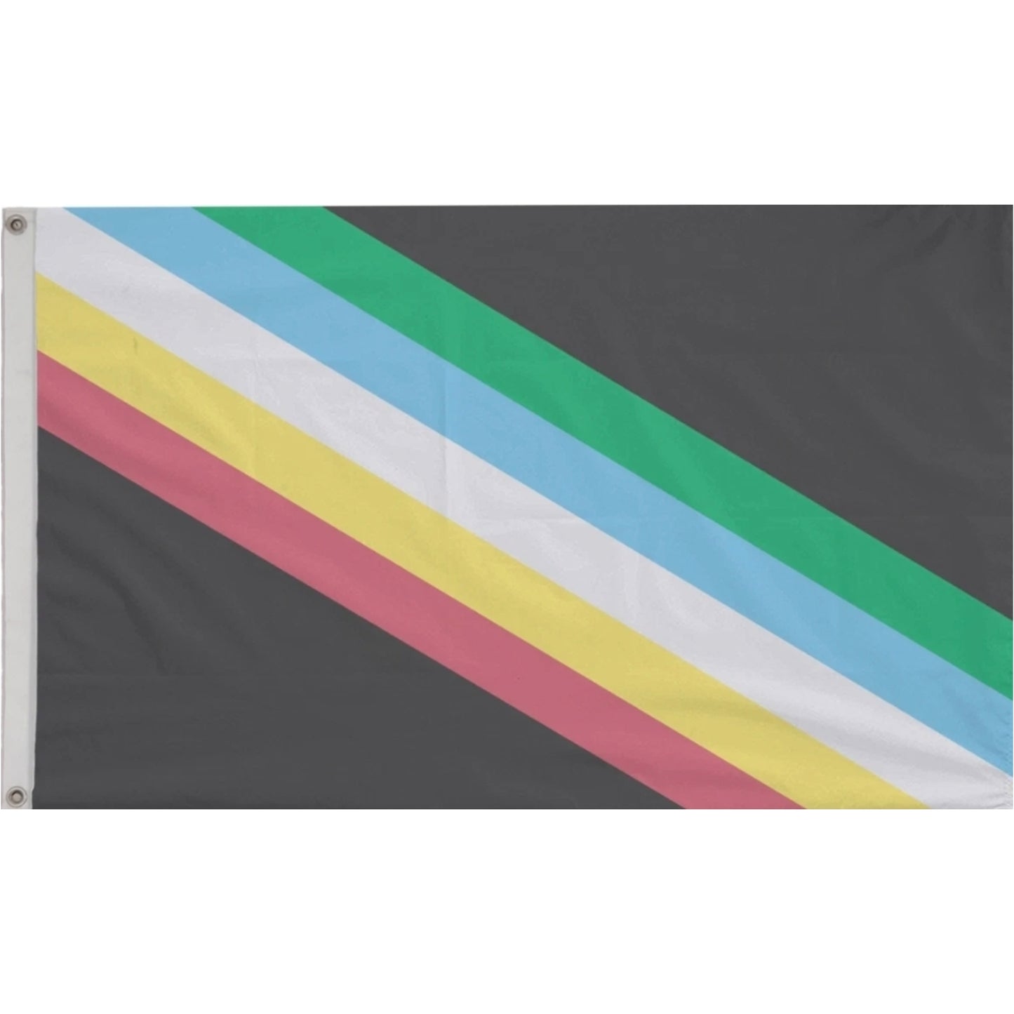 The Disability Pride Flag - Large features diagonal stripes in green, blue, white, yellow, and red on a dark gray background, with the stripes running from the lower left to the upper right.