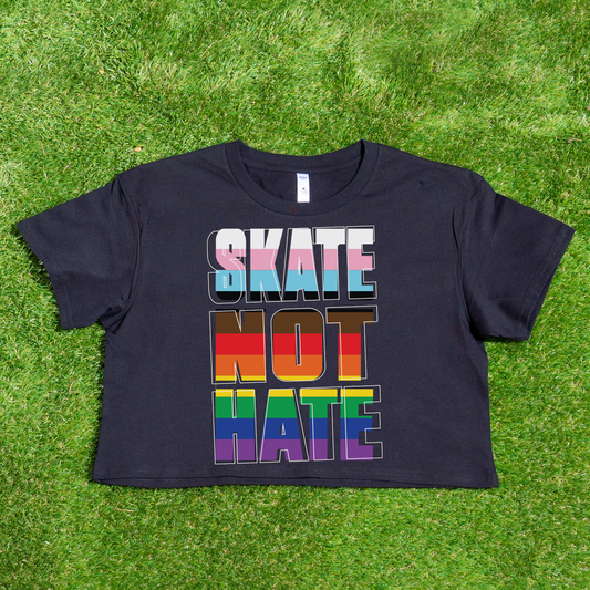 AS Colour WO Crop Black t-shirt with 'SKATE NOT HATE' text in inclusive rainbow pride flag colours