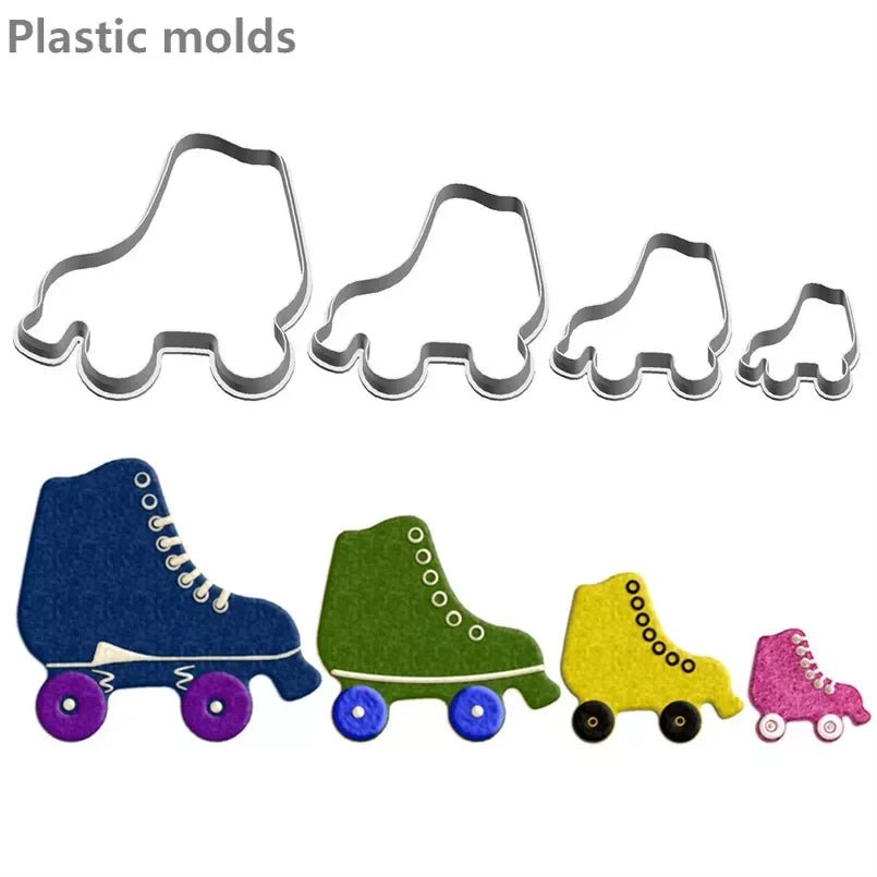 A set of four roller skate-shaped cookie cutters in 4 sizes from Gay Skate The words "Plastic molds" are featured in the upper left corner.