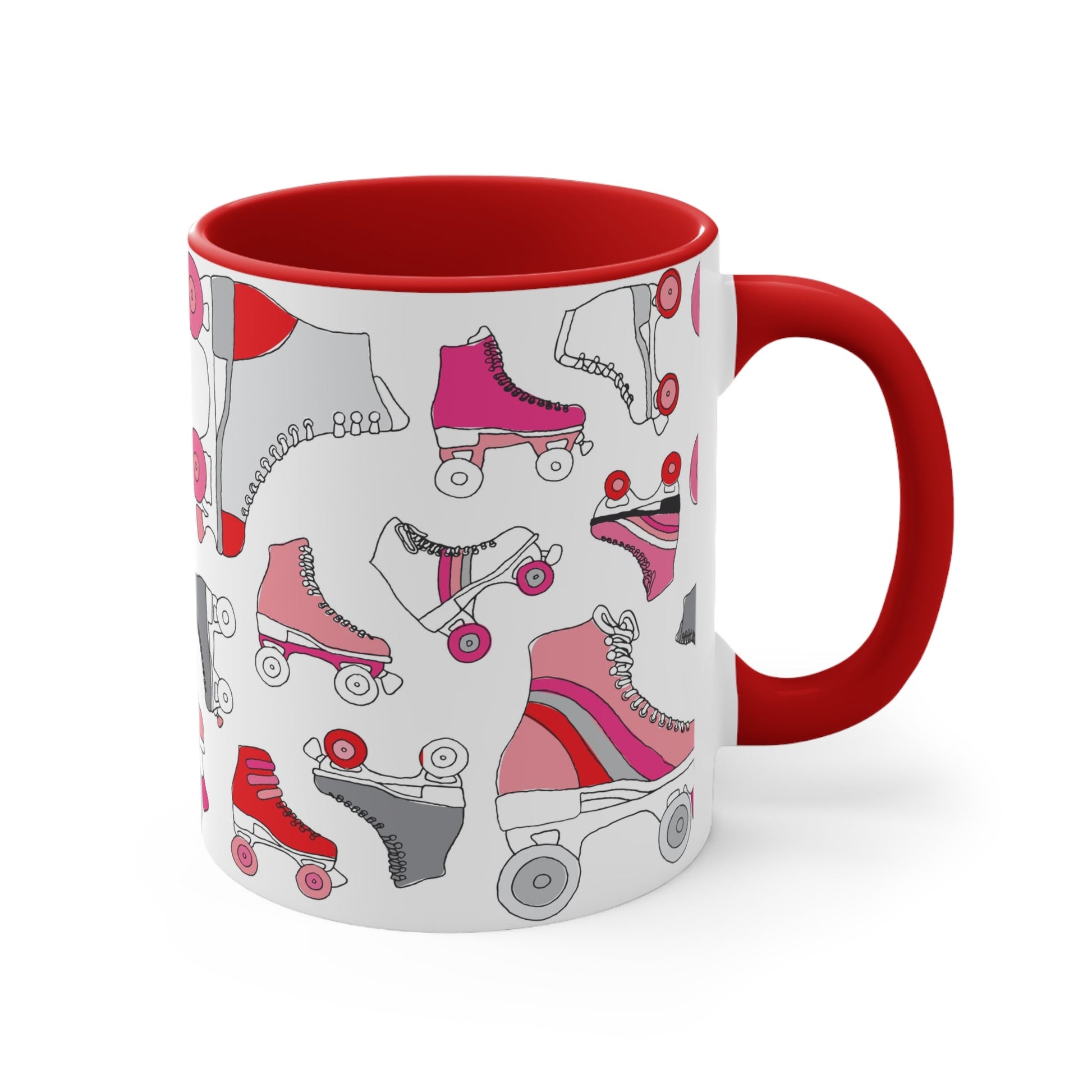 The Roller Skate cup from Printify is a white ceramic mug featuring a vibrant pattern of pink, red, and gray quad skates. The mug also highlights a red handle and interior that complement its playful design.