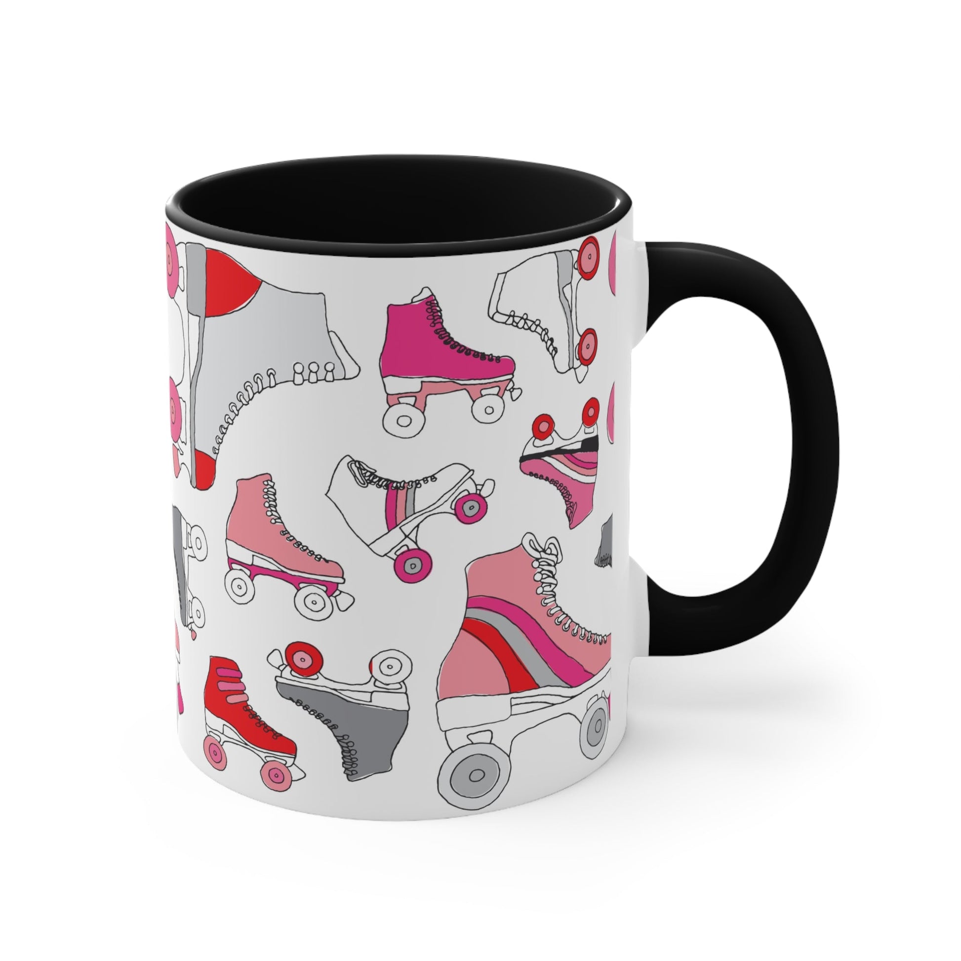 The Roller Skate cup from Printify is a white ceramic mug featuring a vibrant pattern of pink, red, and gray quad skates. The mug also highlights a red handle and interior that complement its playful design.