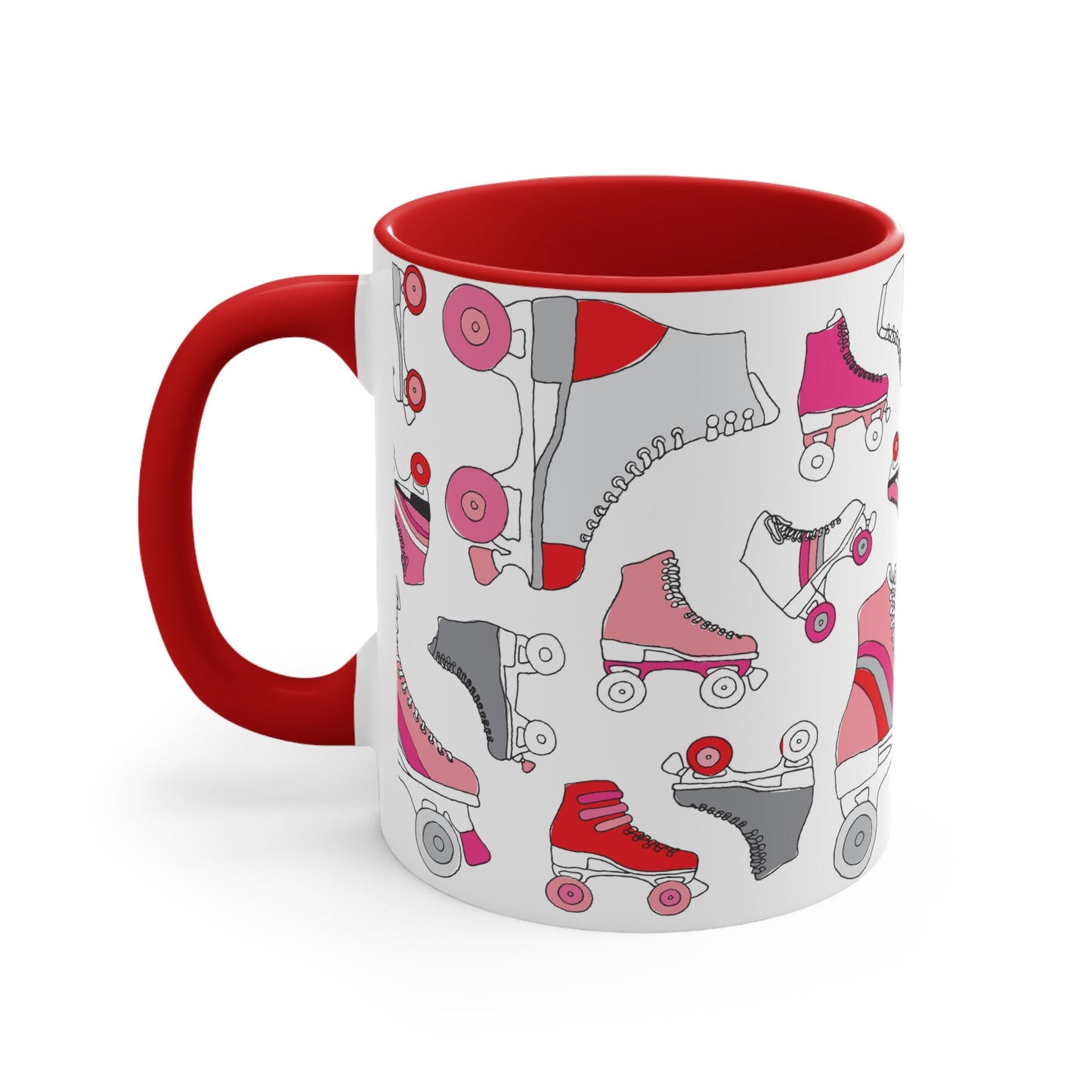 The Roller Skate cup from Printify is a white ceramic mug featuring a vibrant pattern of pink, red, and gray quad skates. The mug also highlights a red handle and interior that complement its playful design.