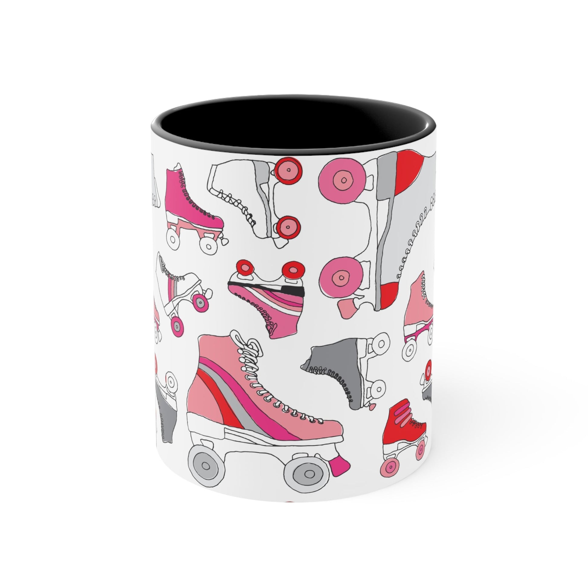 The Roller Skate cup from Printify is a white ceramic mug featuring a vibrant pattern of pink, red, and gray quad skates. The mug also highlights a red handle and interior that complement its playful design.