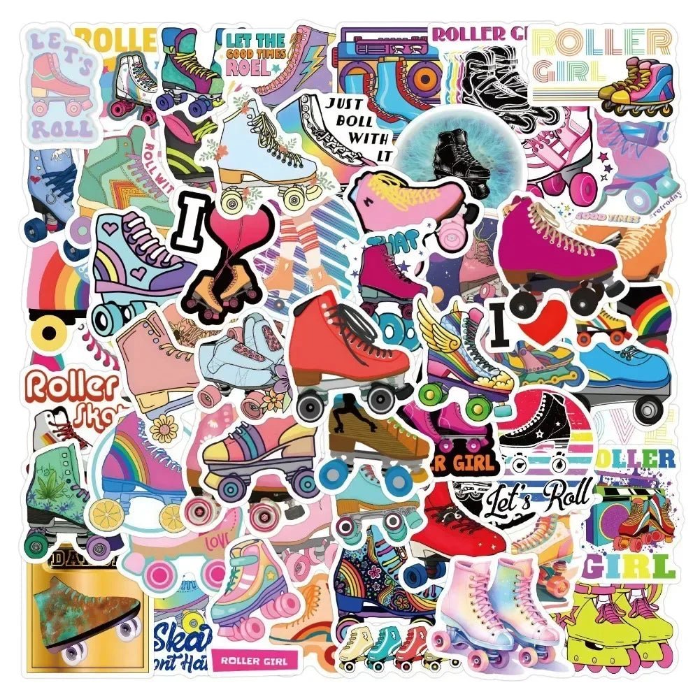 Brighten up your gear with Gay Skate's Rollerskate Stickers - 110 stickers, featuring vibrant designs and slogans like "Let the good times roll," "Let's roll," and roller girl." Perfect for skate fans, these stickers boast skates, hearts, and rainbow motifs for anyone who loves to skate