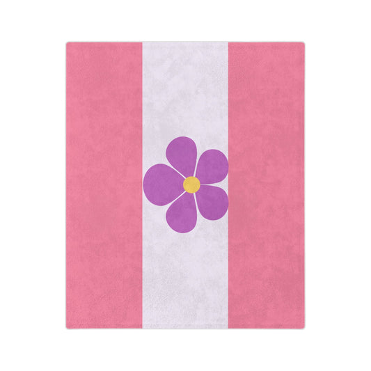 Crafted by a small business, the Sapphic Pride Flag - Velveteen Microfiber Blanket by Printify showcases two pink vertical stripes with a white center. At its heart, a charming purple flower with a yellow center adds an exquisite touch.