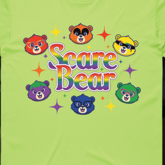 Green t-shirt with colorful 'Scare Bear' design featuring six bear faces.