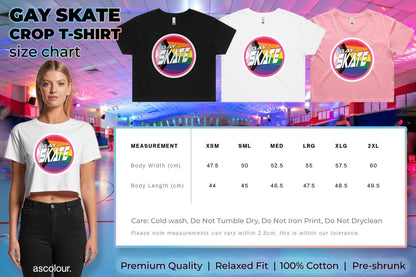 A model wears the black "SCARE BEAR fundraiser tee," a local hand-printed t-shirt, perfect for roller derby. Three more shirts—white, black, and pink—are shown above an XS–2XL size chart with a colorful roller skating rink background.