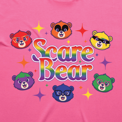 Colorful six bear faces with unique styles, rainbow "Scare Bear" text, and sparkling stars on pink make the SCARE BEAR fundraiser tee a perfect choice for fans of roller derby shirt styles and GAY SKATE vibes. Locally hand printed t-shirt.