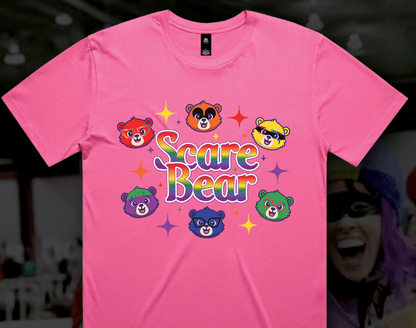 Pink t-shirt with colorful bear graphics and 'Scare Bear' text on a background of Mars Scarebear 32