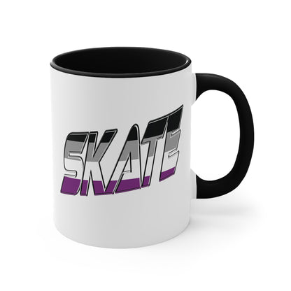 The SKATE asexual pride flag accent mug from Printify features a striking design: a white base with a black handle and vibrant interior. The word "SKATE" is boldly displayed on the side in 3D-style letters, showcasing an eye-catching gradient that transitions from black and gray at the top to purple at the bottom.