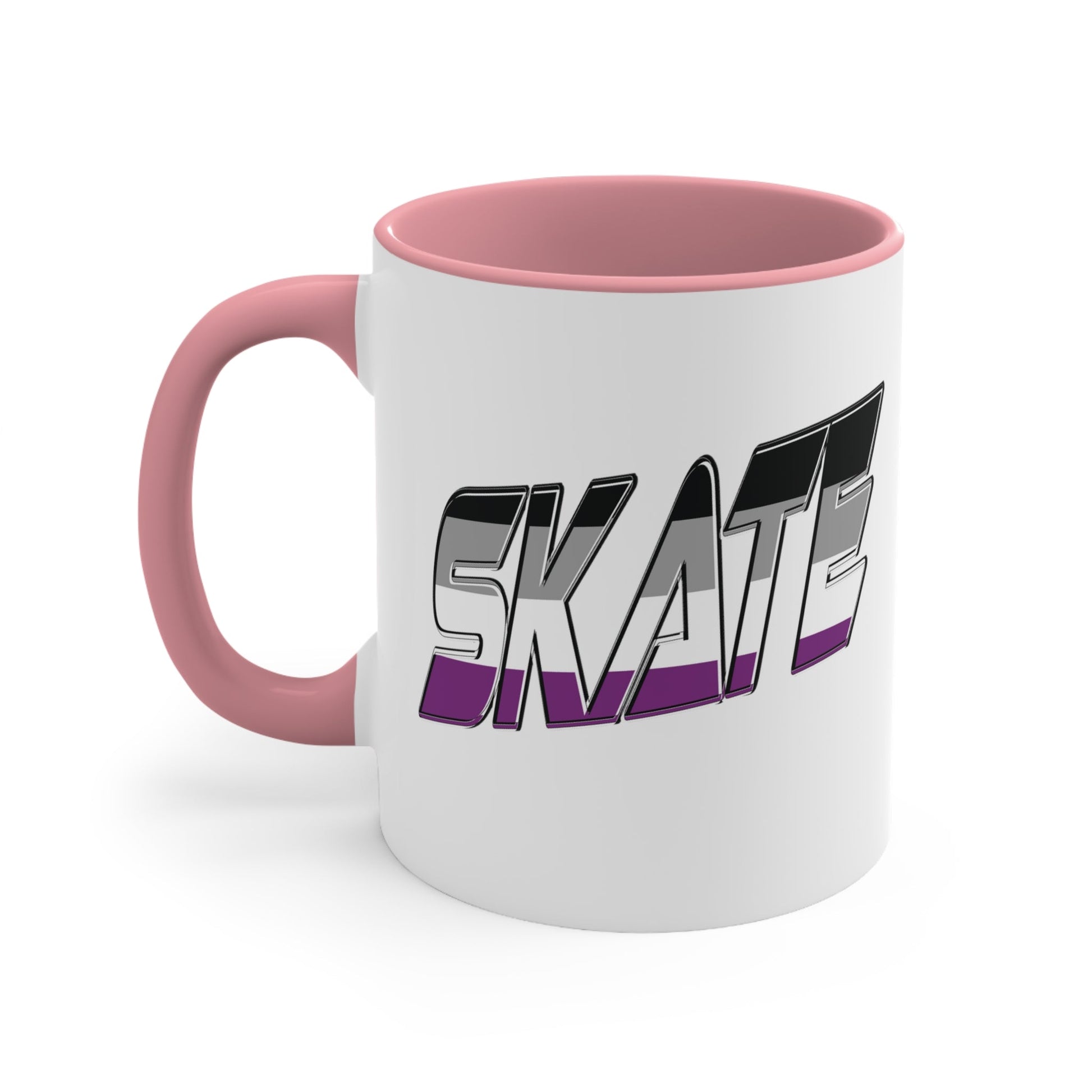 The SKATE asexual pride flag accent mug from Printify features a striking design: a white base with a black handle and vibrant interior. The word "SKATE" is boldly displayed on the side in 3D-style letters, showcasing an eye-catching gradient that transitions from black and gray at the top to purple at the bottom.