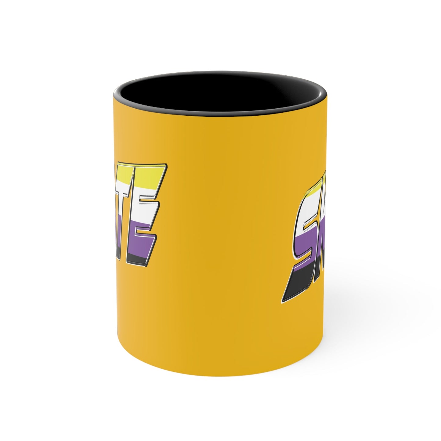 The SKATE non-binary pride flag accent mug by Printify is a yellow mug with a black handle and interior. It features the word "SKATE" in large, bold letters with a gradient effect transitioning from purple to white and has a retro, 3D style with a black shadow effect. To preserve its vibrant colors, it is recommended to hand wash only.