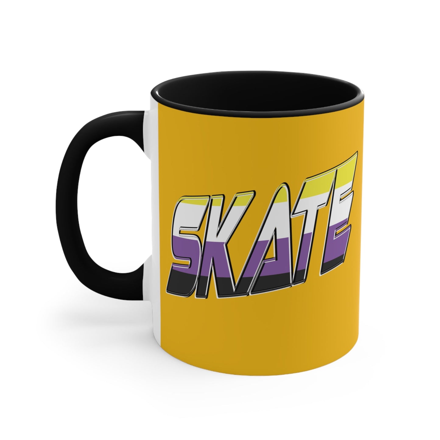 The SKATE non-binary pride flag accent mug by Printify is a yellow mug with a black handle and interior. It features the word "SKATE" in large, bold letters with a gradient effect transitioning from purple to white and has a retro, 3D style with a black shadow effect. To preserve its vibrant colors, it is recommended to hand wash only.