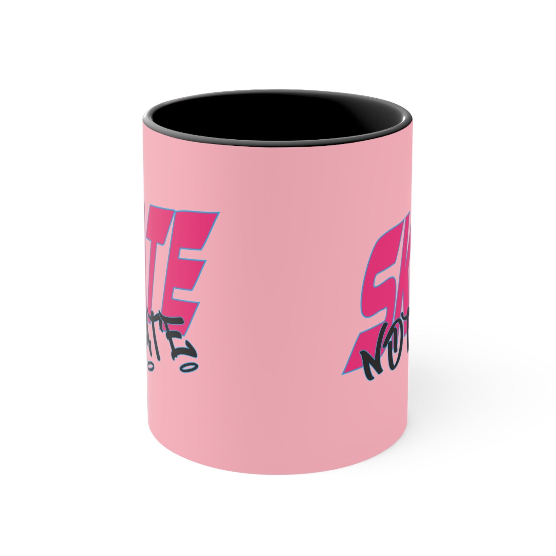 The Skate Not Hate accent mug by Printify is a white ceramic coffee mug featuring an eye-catching pink background and black handle. The design includes bold pink and blue text that reads "SKATE" paired with black graffiti-style text below it that reads "NOT HATE." This stylish mug makes a powerful statement against hate.