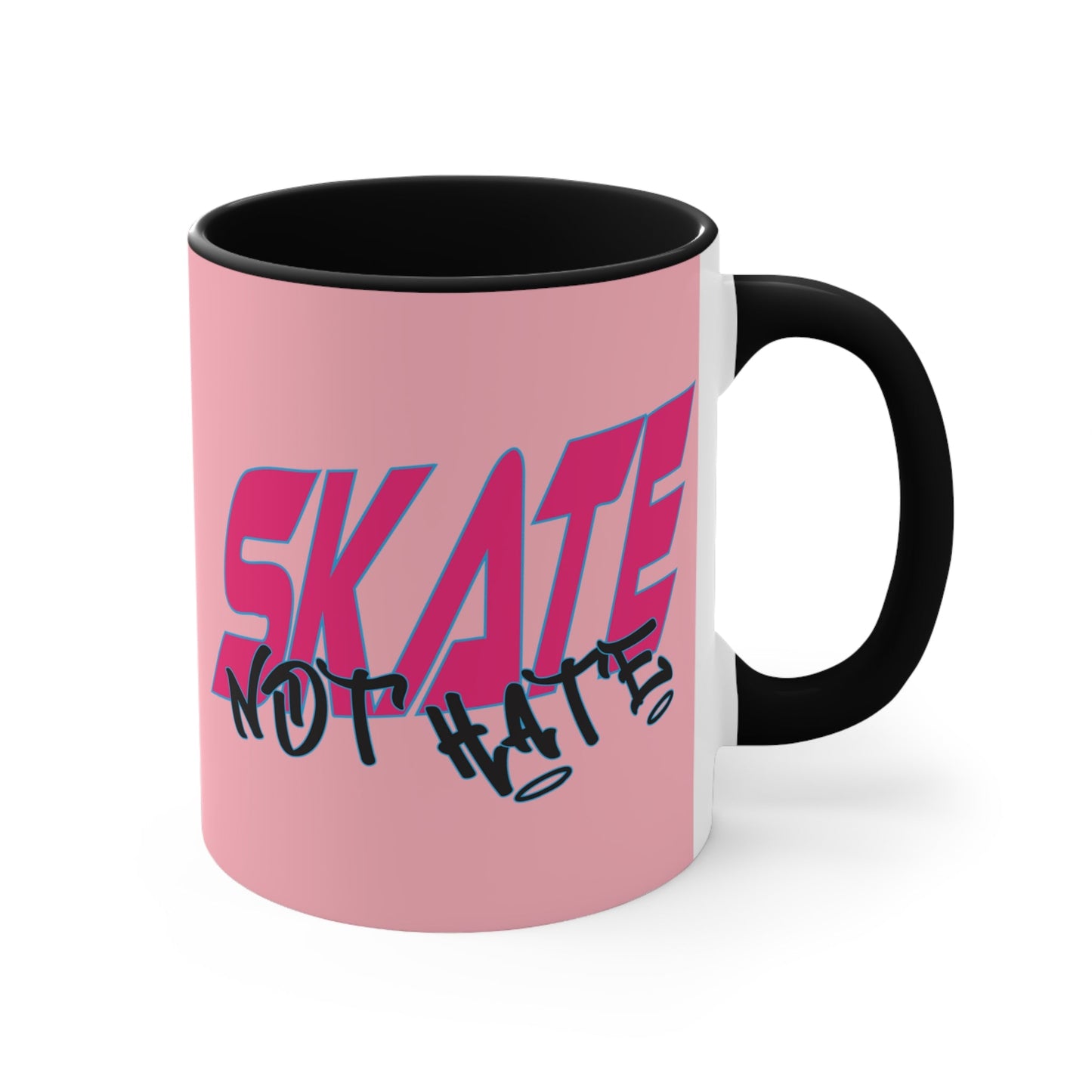 The Skate Not Hate accent mug by Printify is a white ceramic coffee mug featuring an eye-catching pink background and black handle. The design includes bold pink and blue text that reads "SKATE" paired with black graffiti-style text below it that reads "NOT HATE." This stylish mug makes a powerful statement against hate.