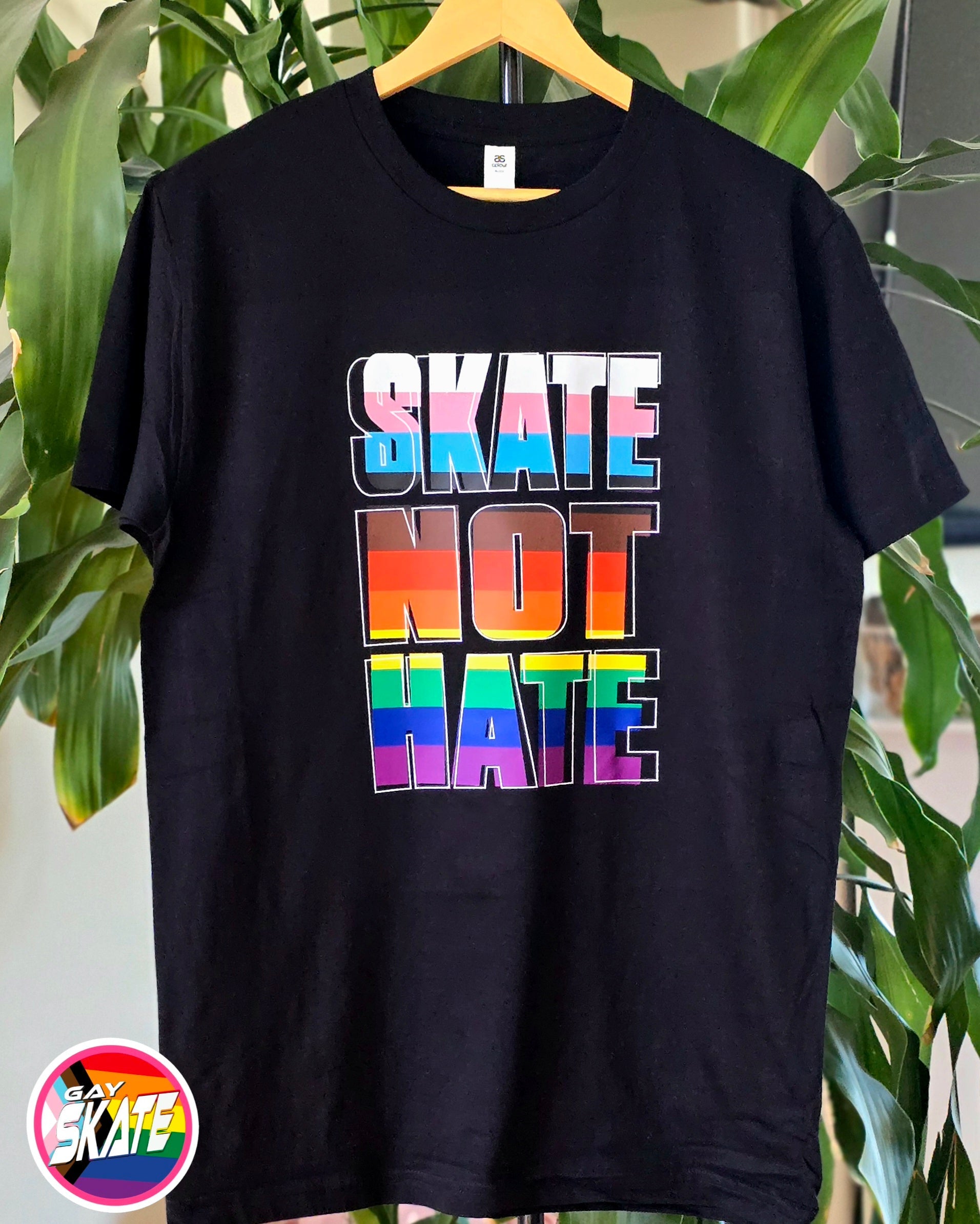 AS Colour Block Black t-shirt with 'SKATE NOT HATE' in inclusive rainbow pride flag colours 