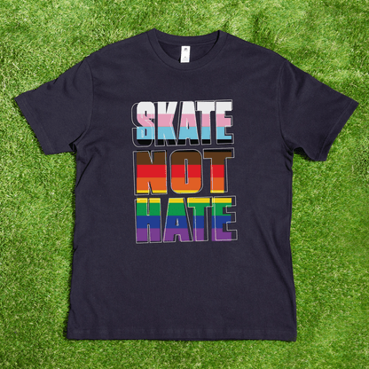 AS Colour Block Black t-shirt with 'SKATE NOT HATE' in inclusive rainbow pride flag colors 