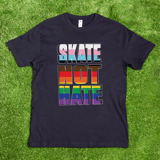 AS Colour Block Black t-shirt with 'SKATE NOT HATE' in inclusive rainbow pride flag colors 