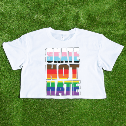 White AS Colour WO Crop t-shirt with 'SKATE NOT HATE' text in inclusive rainbow pride flag colours