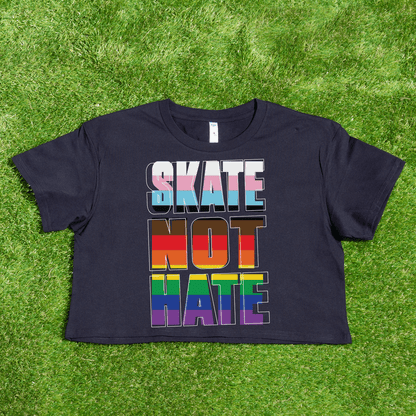 AS Colour WO Crop Black t-shirt with 'SKATE NOT HATE' text in inclusive rainbow pride flag colours
